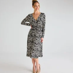 Sale Ladies Black Cream Print V Neck Printed Dress Women Dresses | Dresses
