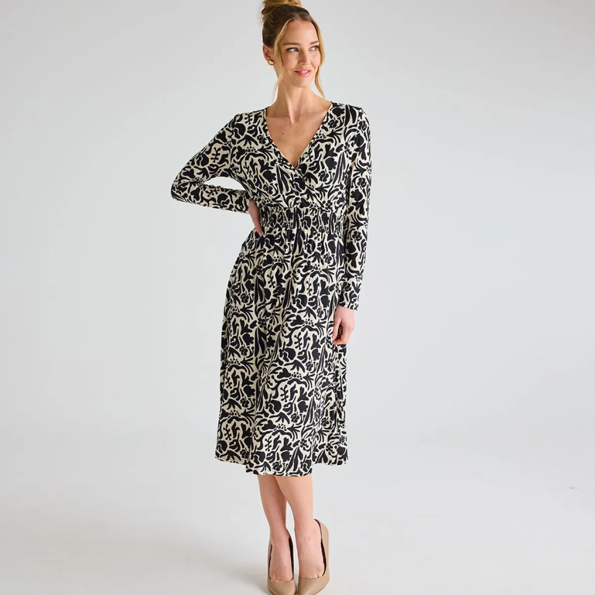 Sale Ladies Black Cream Print V Neck Printed Dress Women Dresses | Dresses