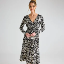 Sale Ladies Black Cream Print V Neck Printed Dress Women Dresses | Dresses