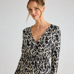Sale Ladies Black Cream Print V Neck Printed Dress Women Dresses | Dresses
