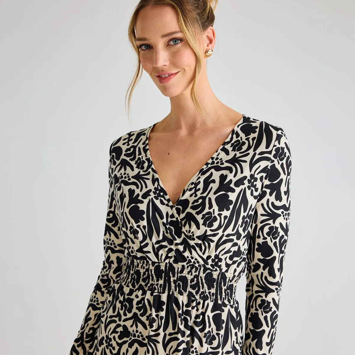 Sale Ladies Black Cream Print V Neck Printed Dress Women Dresses | Dresses