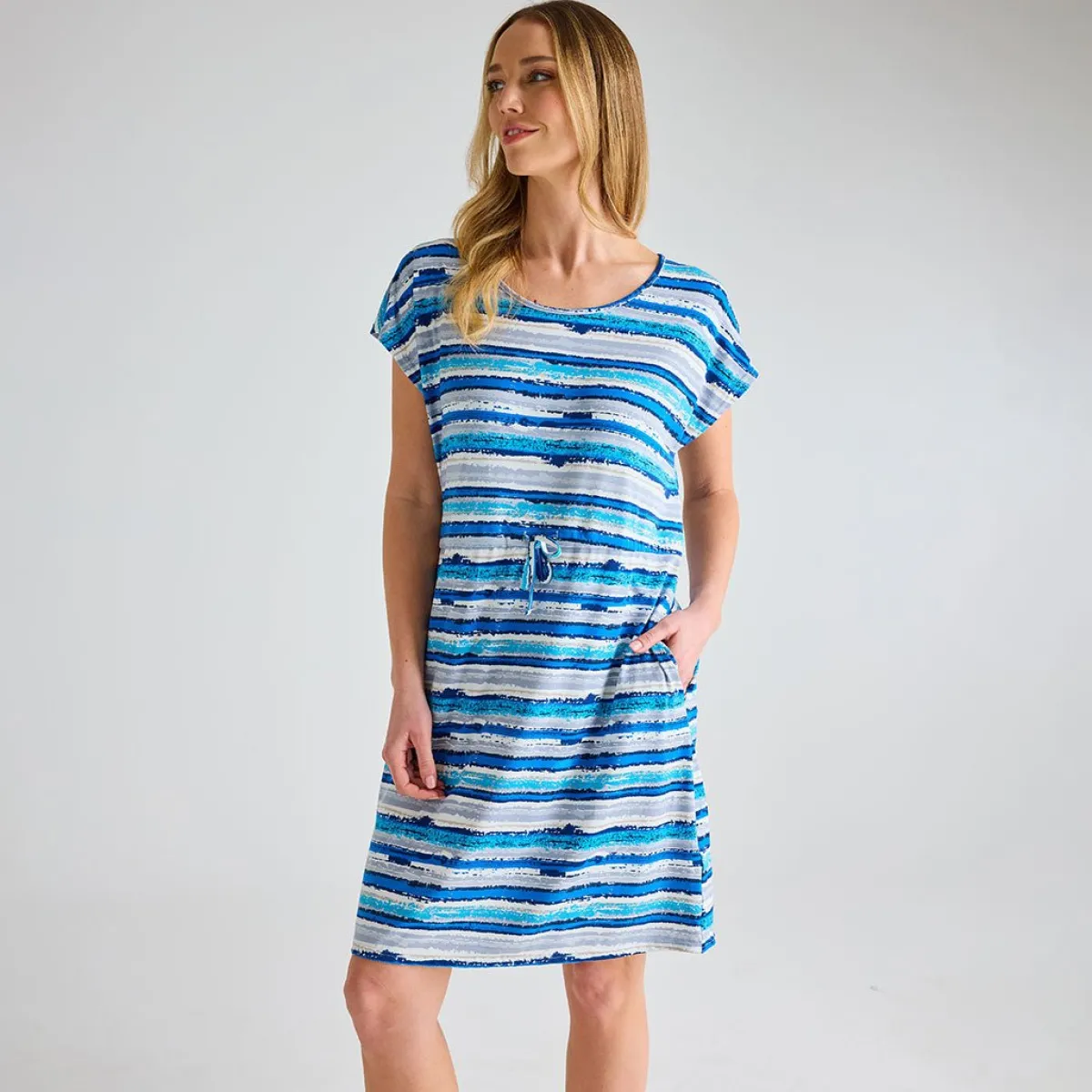 Clearance Ladies Blue Distressed Stripe Cap Sleeve Printed Dress Women Dresses | Dresses