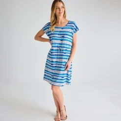 Clearance Ladies Blue Distressed Stripe Cap Sleeve Printed Dress Women Dresses | Dresses