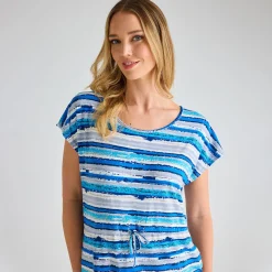 Clearance Ladies Blue Distressed Stripe Cap Sleeve Printed Dress Women Dresses | Dresses