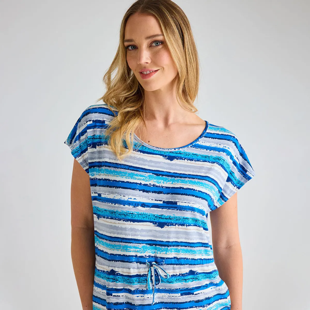 Clearance Ladies Blue Distressed Stripe Cap Sleeve Printed Dress Women Dresses | Dresses