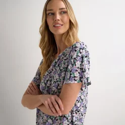 Discount Ladies Blue Floral Printed Viscose Top Women Tops