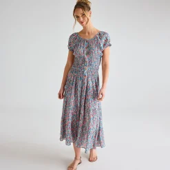 New Ladies Blue Multi Leaf Crinkle Gathered Dress Women Dresses | Dresses