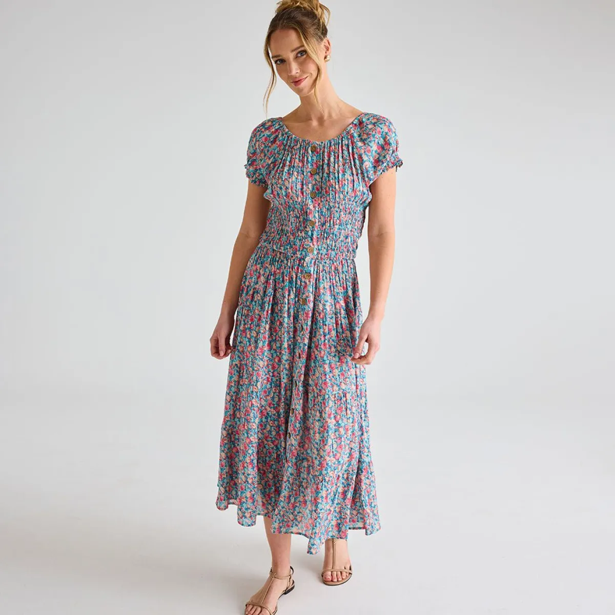 New Ladies Blue Multi Leaf Crinkle Gathered Dress Women Dresses | Dresses