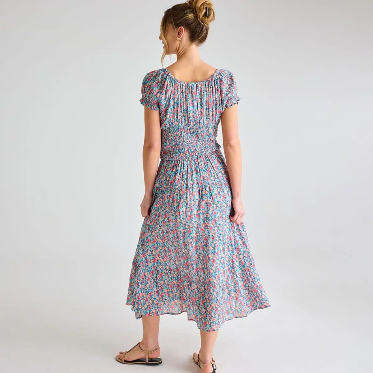 New Ladies Blue Multi Leaf Crinkle Gathered Dress Women Dresses | Dresses