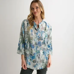 Clearance Ladies Blue Printed Crinkle Shirt Women Shirts & Blouses