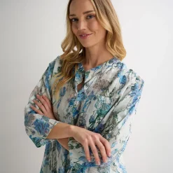 Clearance Ladies Blue Printed Crinkle Shirt Women Shirts & Blouses