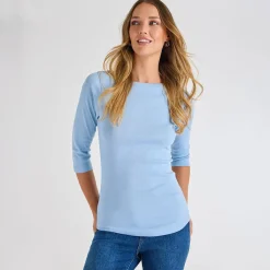 Clearance Ladies Chambray Blue 3/4 Sleeve Slash Neck Top Women Basics | Longsleeves