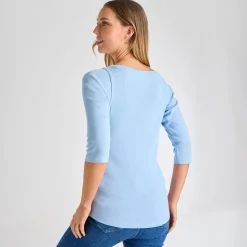 Clearance Ladies Chambray Blue 3/4 Sleeve Slash Neck Top Women Basics | Longsleeves