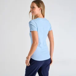 Fashion Ladies Chambray Blue Crew Neck T-Shirt Women Basics | T-Shirts