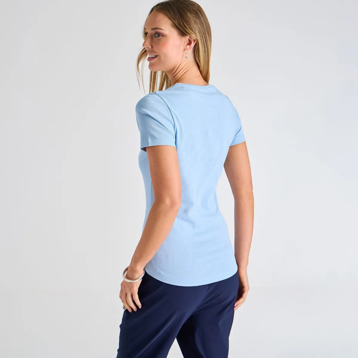Fashion Ladies Chambray Blue Crew Neck T-Shirt Women Basics | T-Shirts