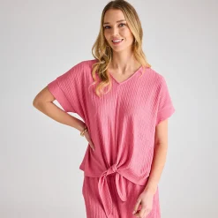 New Ladies Coral Plisse Tie Front Top Women Plissé | Plissé