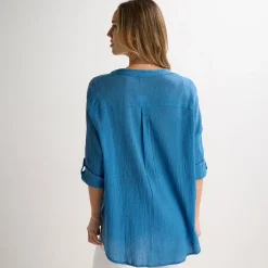 Best Ladies Deep Sea Crinkle Button Through Shirt Women Shirts & Blouses