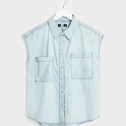 Sale Ladies Denim Blue Tencel Sleeveless Shirt Women Shirts & Blouses