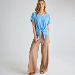 Hot Ladies Denim Plisse Tie Front Top Women Plissé | Plissé