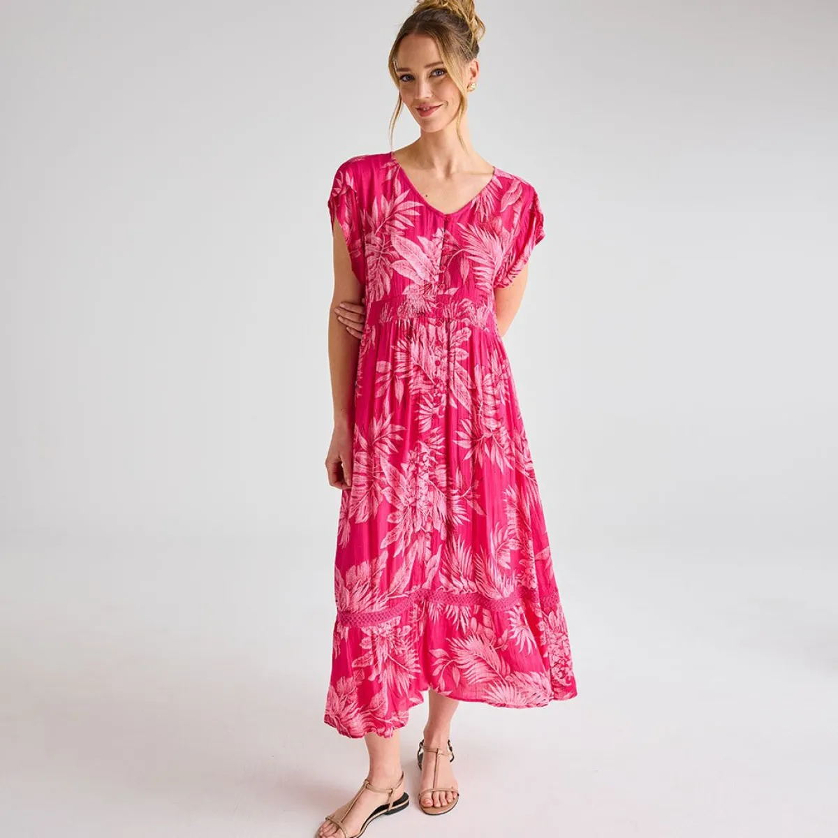 Best Ladies Fuschia Print V Neck Crinkle Dress Women Dresses | Dresses