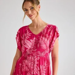 Best Ladies Fuschia Print V Neck Crinkle Dress Women Dresses | Dresses