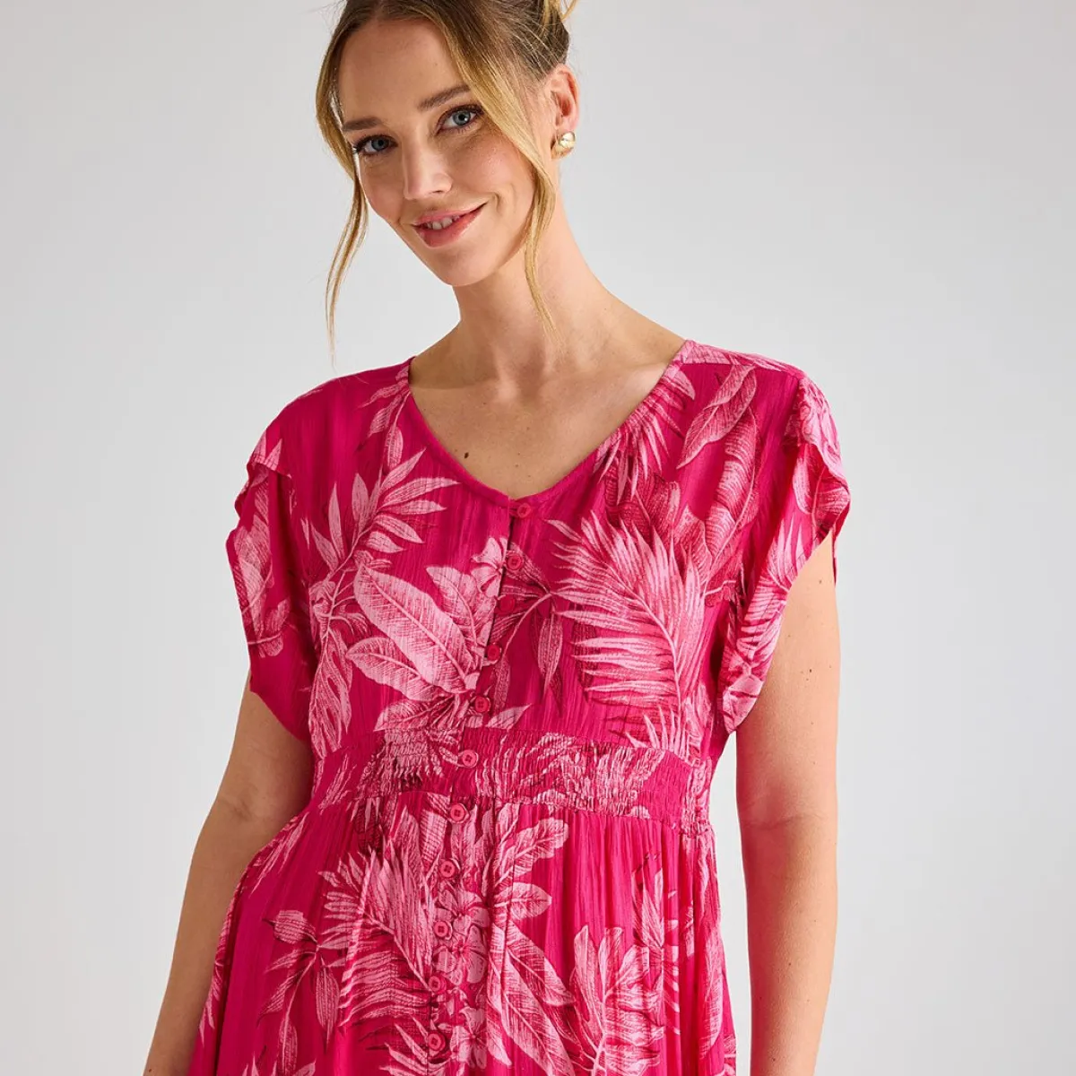 Best Ladies Fuschia Print V Neck Crinkle Dress Women Dresses | Dresses