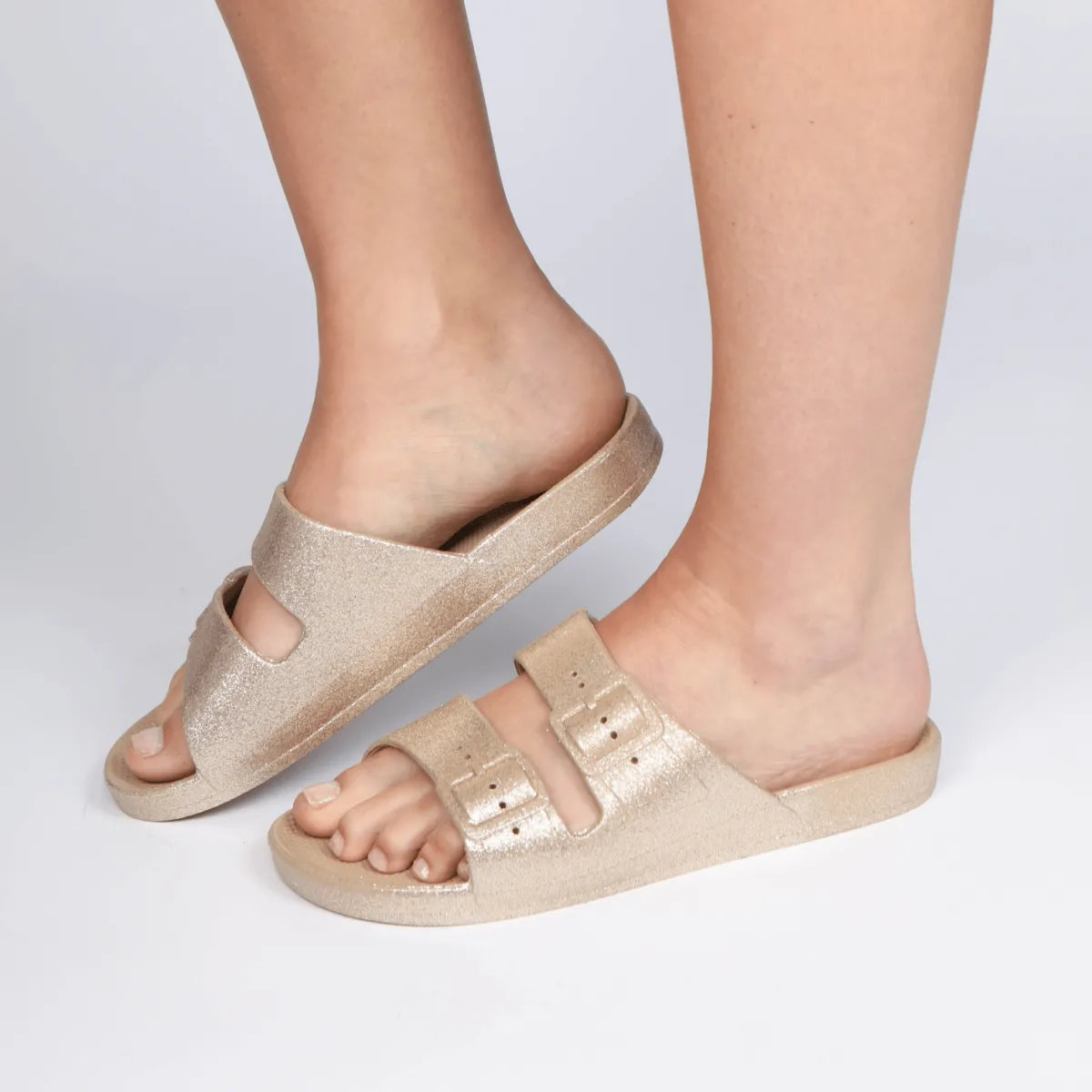Outlet Ladies Gold Glitter 2 Buckle Slider Women Footwear