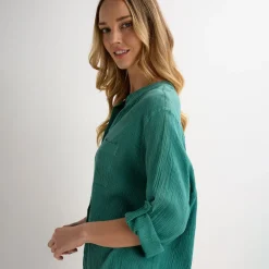 Discount Ladies Jade Crinkle Button Through Shirt Women Shirts & Blouses