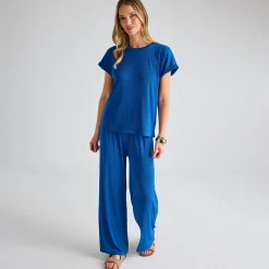 Hot Ladies Royal Blue Plisse Ribbed Trouser Women Plissé | Plissé