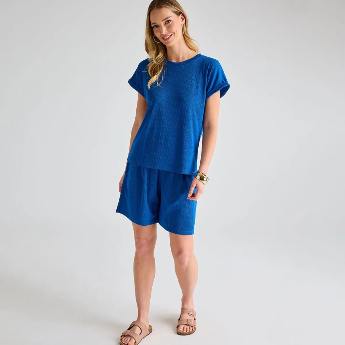 Fashion Ladies Royal Blue Ribbed Plisse Top Women Plissé | Plissé