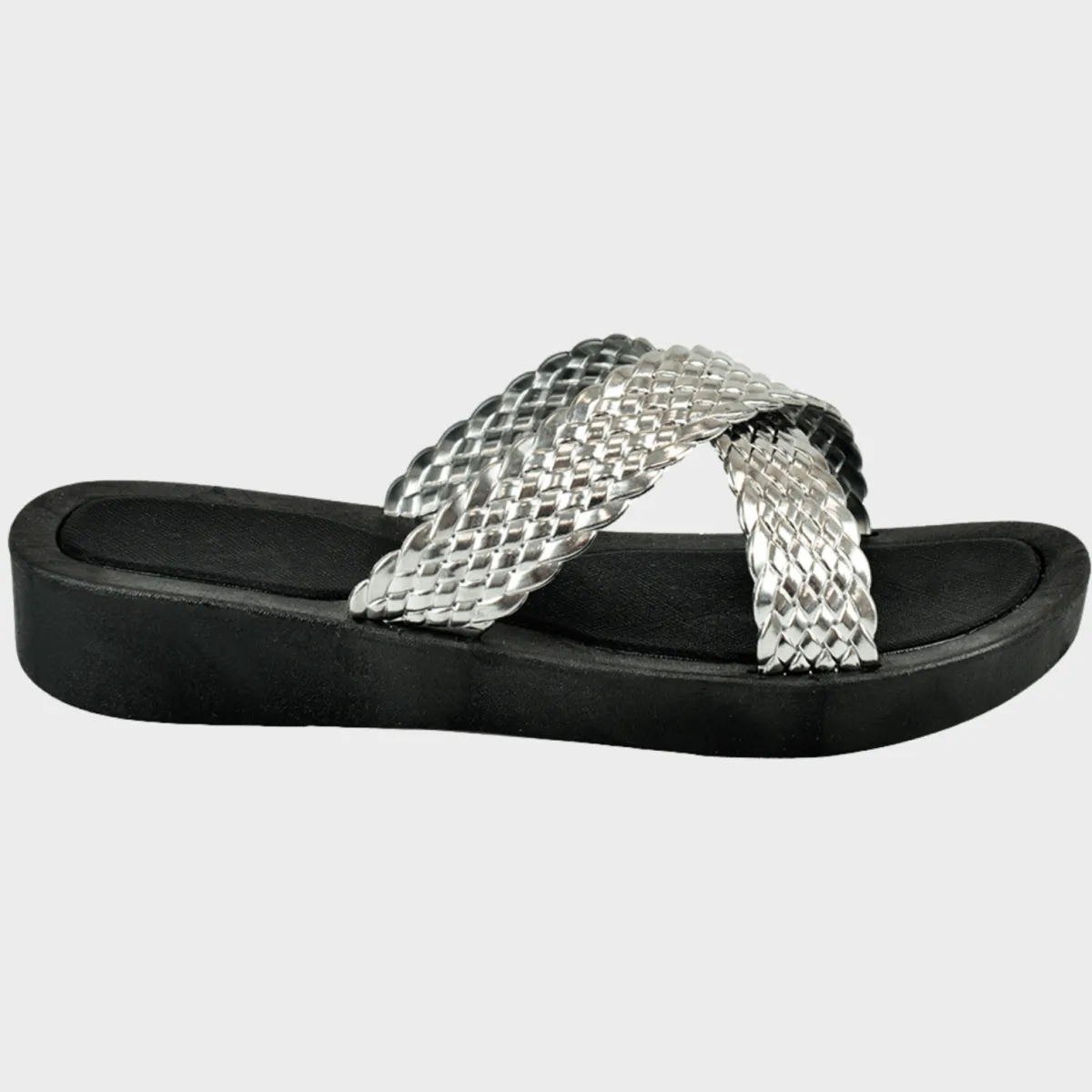 Best Ladies Silver Plaited Crossover Strap Slider Women Footwear
