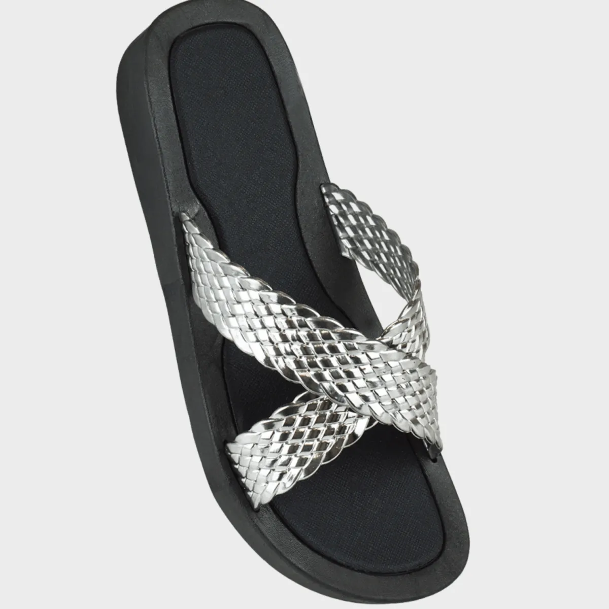 Best Ladies Silver Plaited Crossover Strap Slider Women Footwear