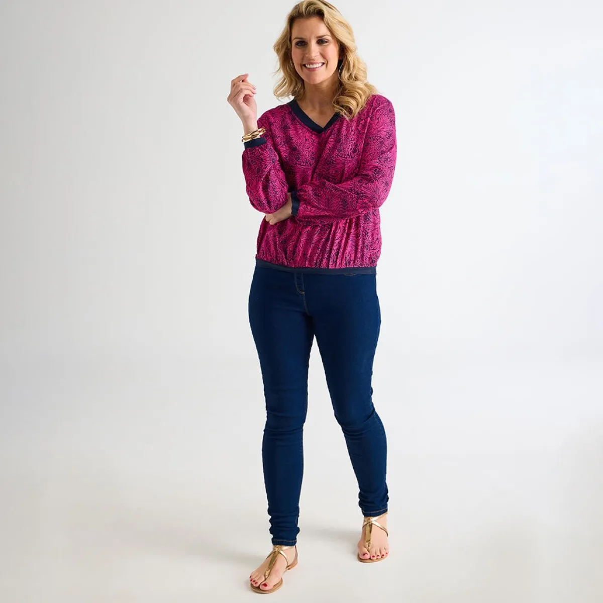 Outlet Ladies V Neck Printed Contrast Top Women Longsleeves | Tops