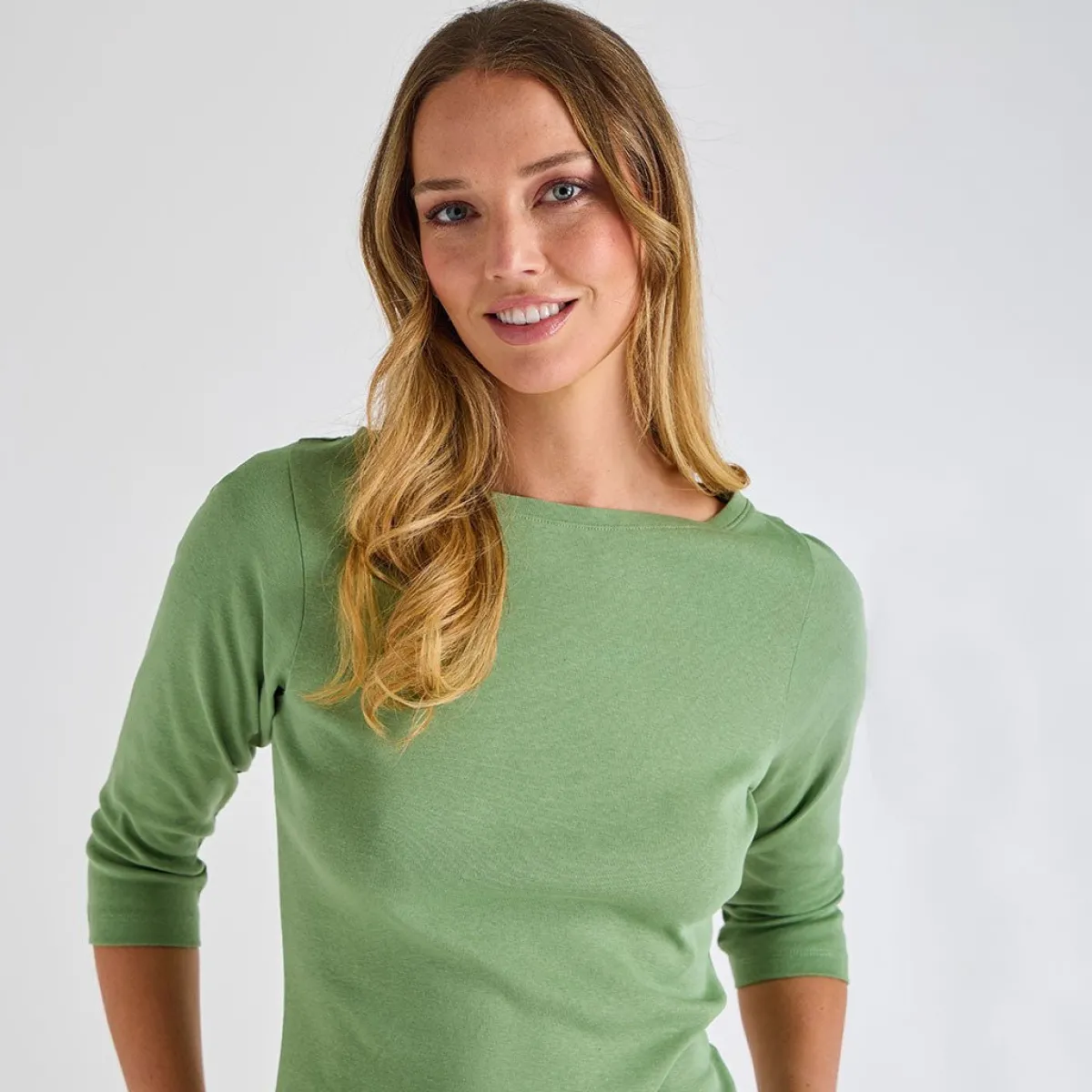 Hot Ladies Watercress 3/4 Sleeve Slash Neck Top Women Basics | Longsleeves