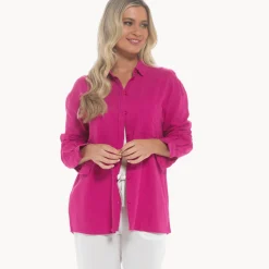 New Relaxed Fit Raspberry Linen Blend Shirt Women Linen | Tops