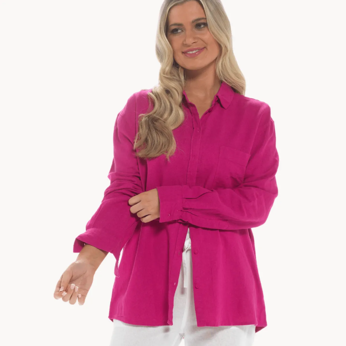New Relaxed Fit Raspberry Linen Blend Shirt Women Linen | Tops