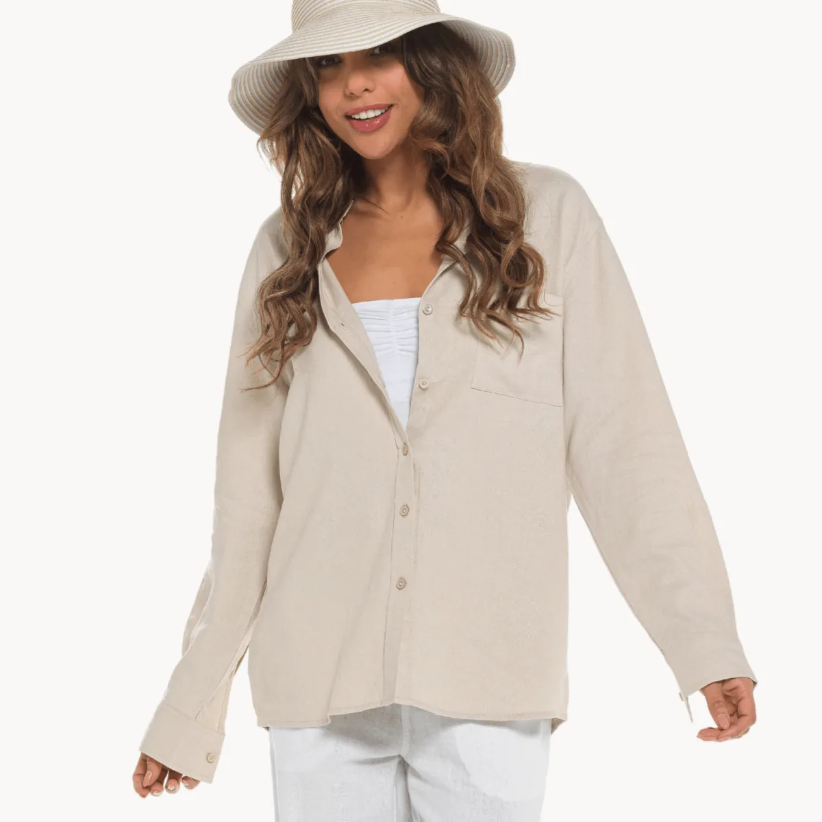 Online Relaxed Fit Stone Linen Blend Shirt Women Linen | Tops