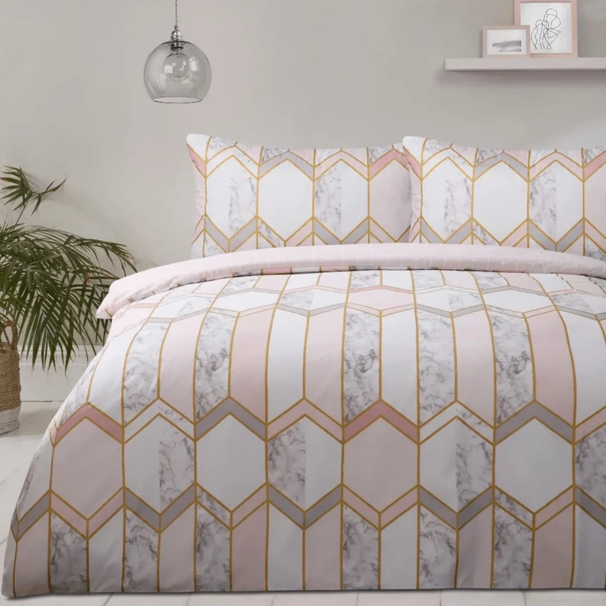 Fashion Sleepdown Blush Geo Metallic Marble Superking Duvet Set Duvet Cover Sets